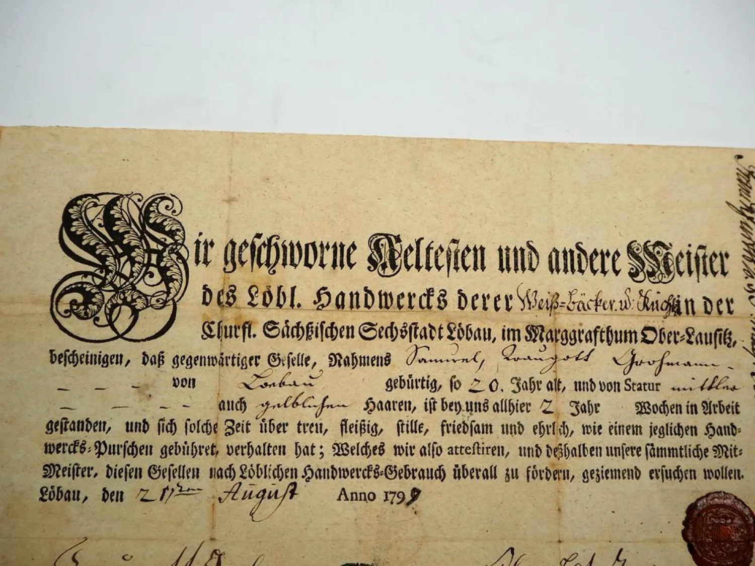 Gesellenbrief Bäcker und Küchler Löbau Oberlausitz 1799 mit Siegel