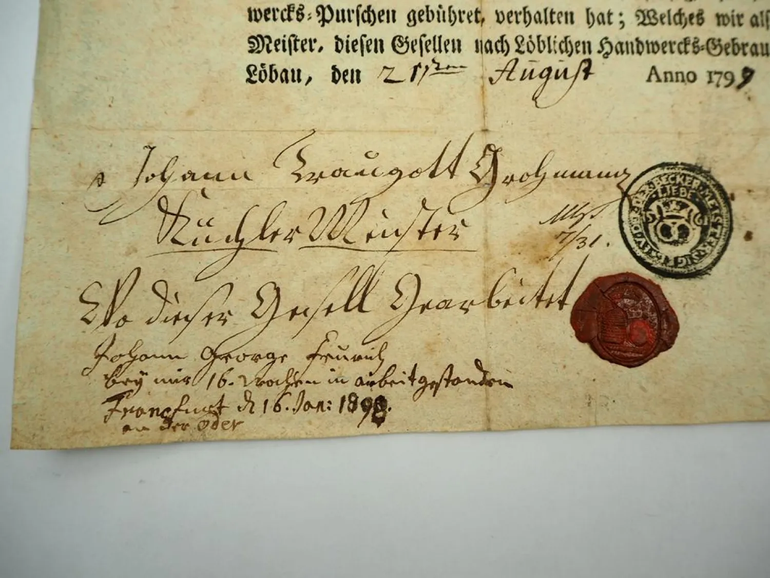 Gesellenbrief Bäcker und Küchler Löbau Oberlausitz 1799 mit Siegel