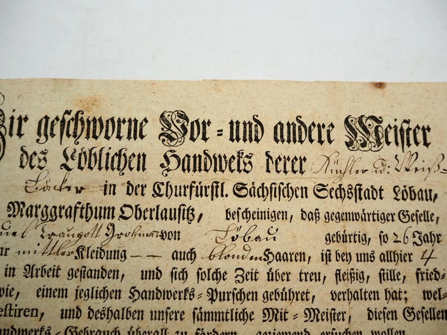 Gesellenbrief Bäcker und Küchler Löbau Oberlausitz 1804