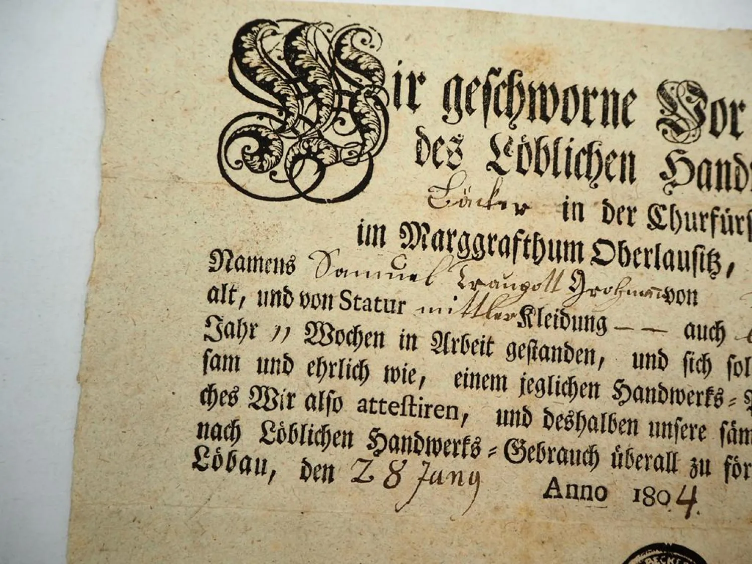 Gesellenbrief Bäcker und Küchler Löbau Oberlausitz 1804