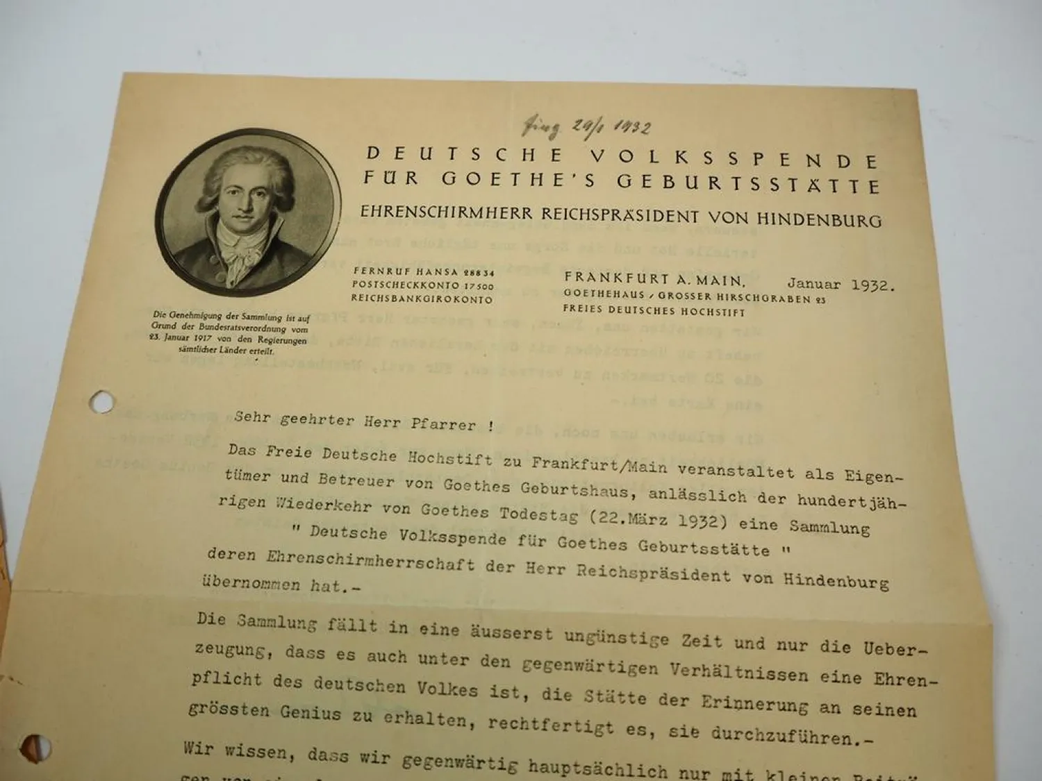 Goethehaus Frankfurt 1932 Aufruf Deutsche Volksspende für Goethes Geburtsstätte