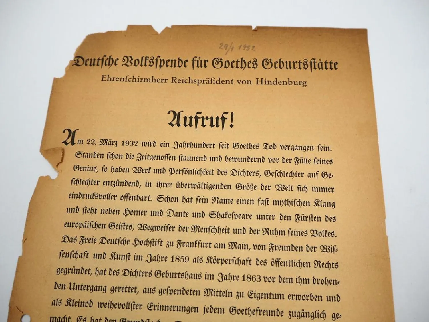 Goethehaus Frankfurt 1932 Aufruf Deutsche Volksspende für Goethes Geburtsstätte