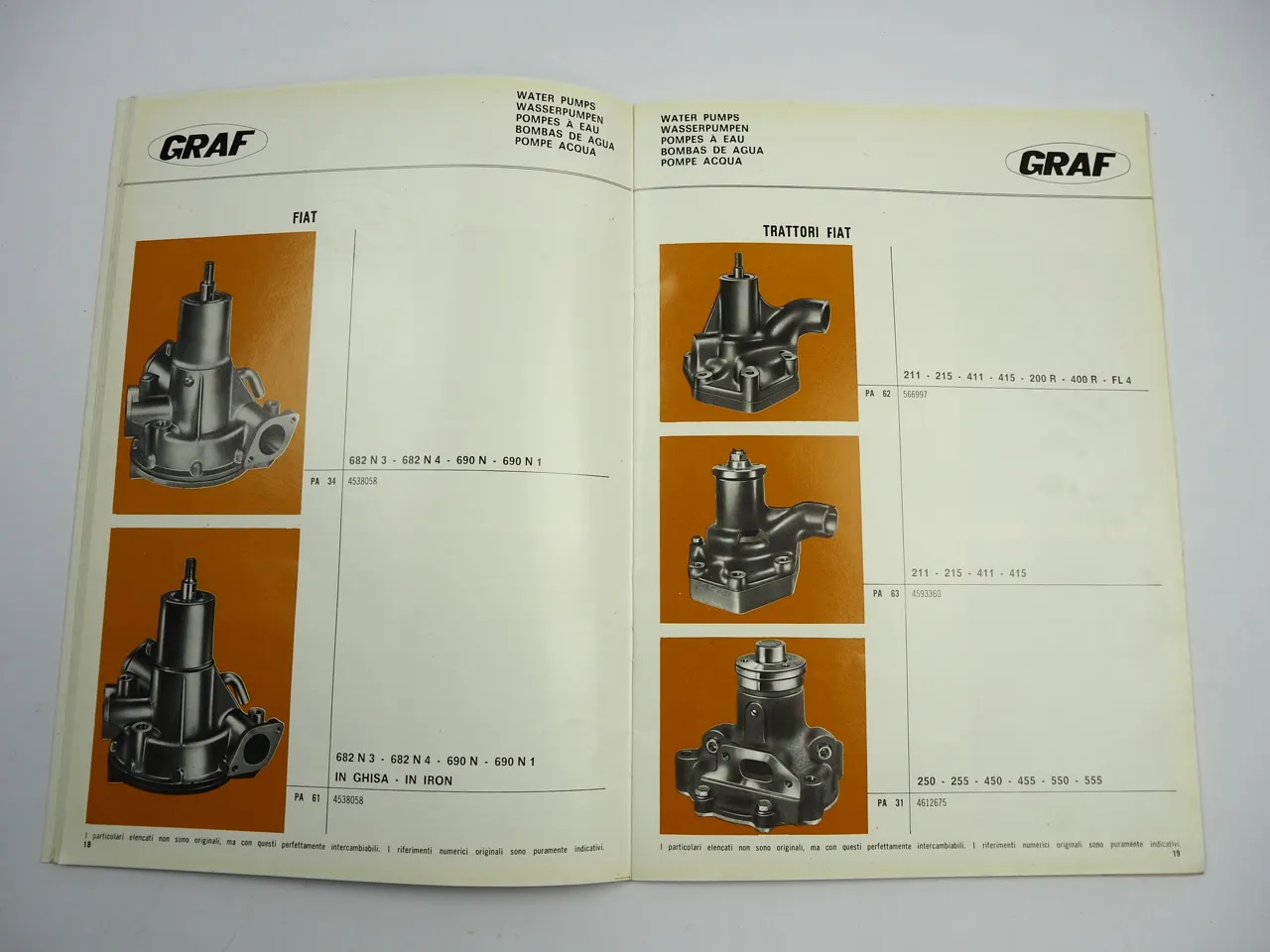 Graf Wasserpumpen für PKW Ersatzteile Katalog 1974 Rovato Italia