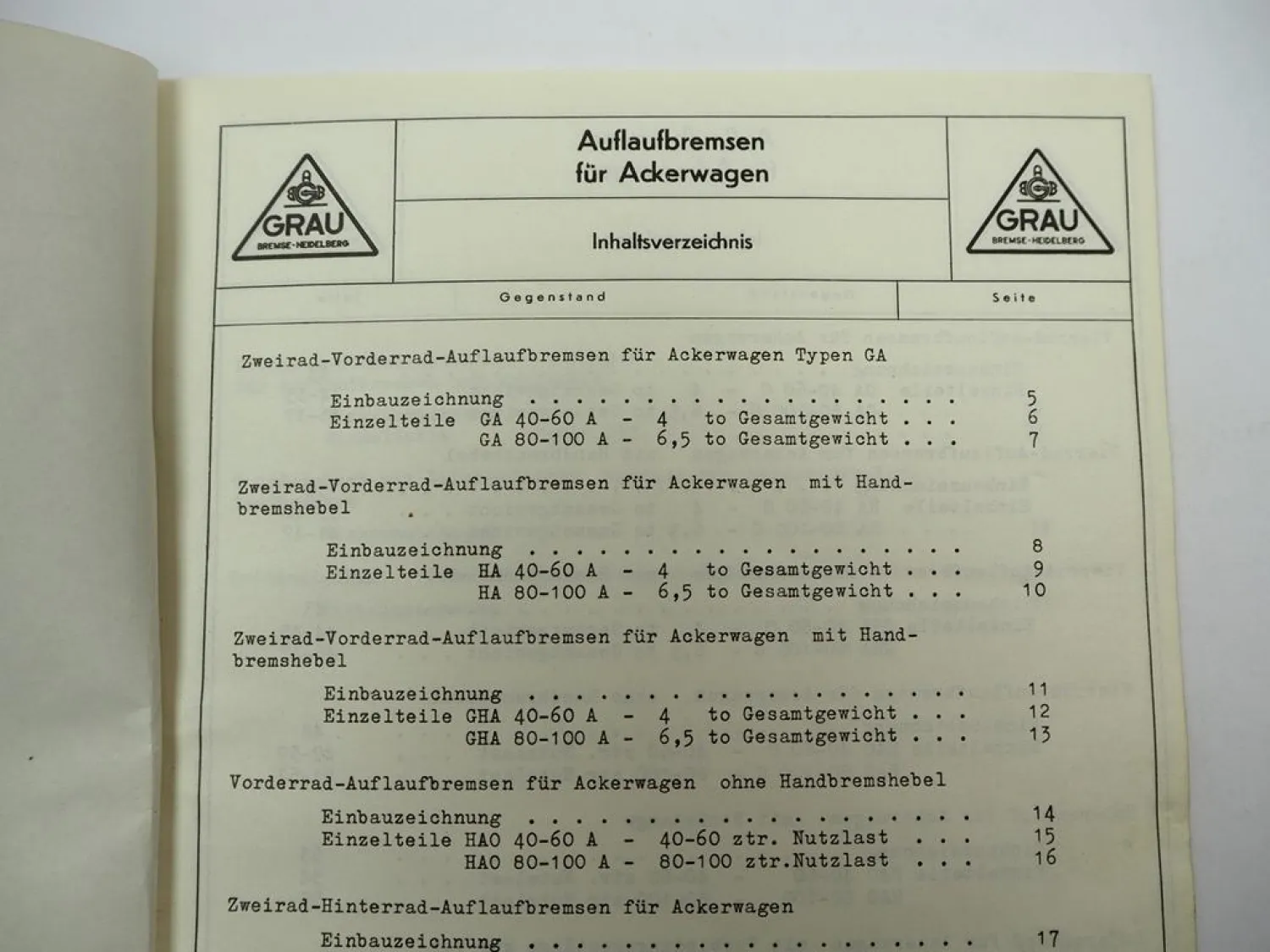 Grau Auflaufbremsen für Ackerwagen Anhänger Einbauzeichnung Ersatzteilliste 1954
