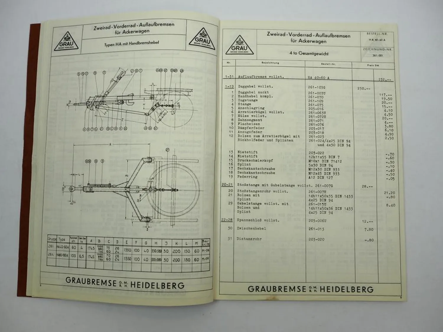 Grau Auflaufbremsen für Ackerwagen Anhänger Einbauzeichnung Ersatzteilliste 1954