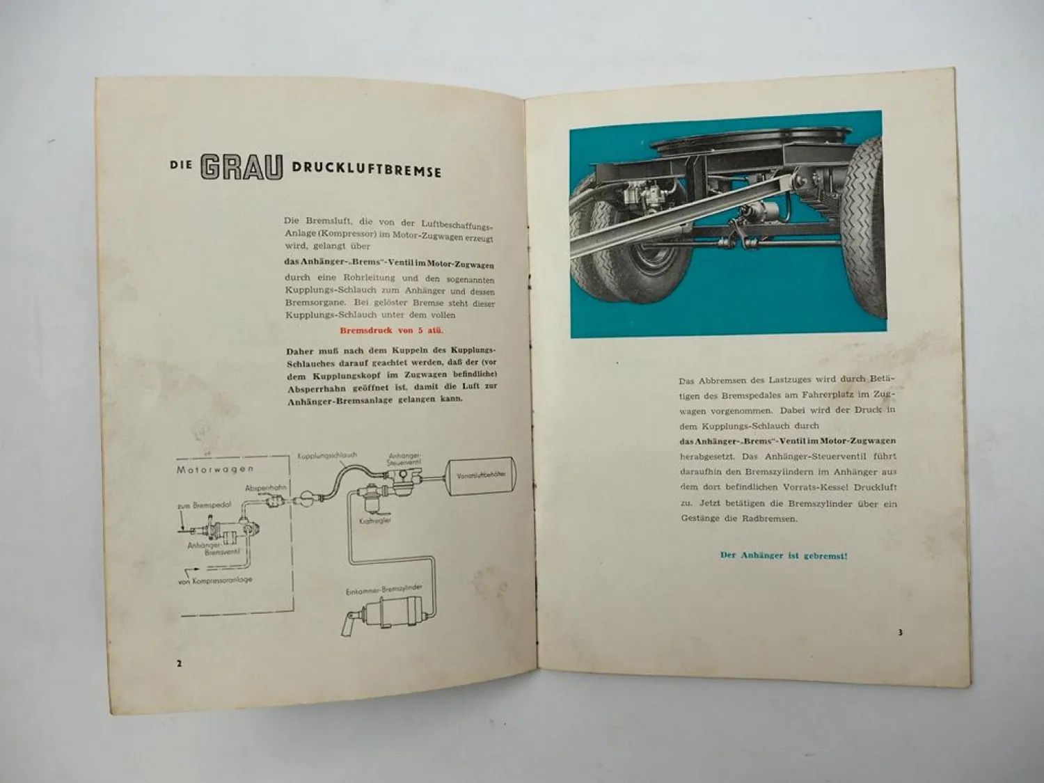 Grau Druckluftbremse für Anhänger Betriebsanleitung 1950/60er Jahre