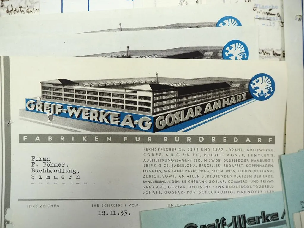 Greif Werke AG Goslar Harz Bürobedarf Posten Rechnungen Firmenbriefe 1927 - 1937