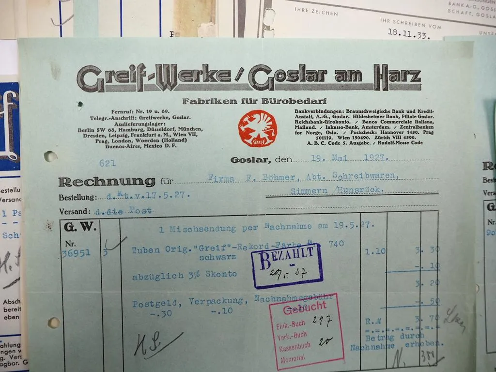 Greif Werke AG Goslar Harz Bürobedarf Posten Rechnungen Firmenbriefe 1927 - 1937