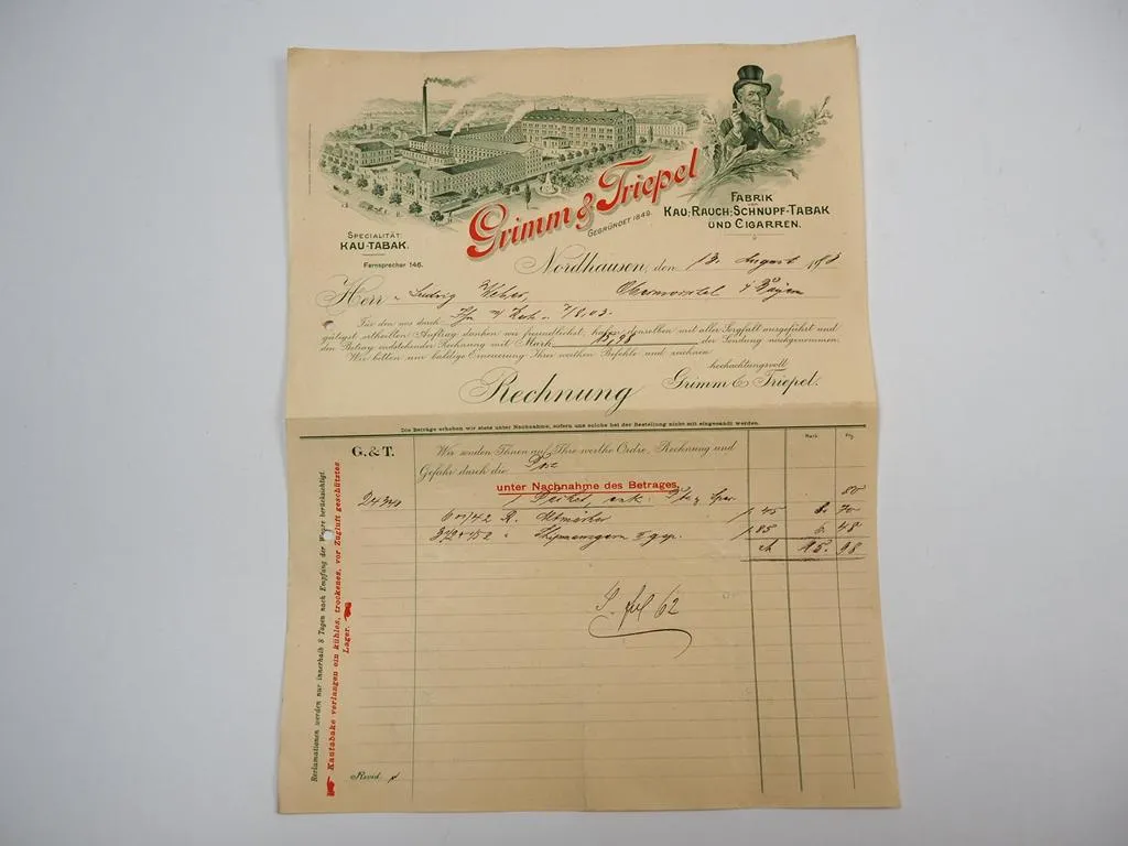 Grimm & Triepel Fabrik Tabak und Zigarren Nordhausen Rechnung 13.Aug. 1903
