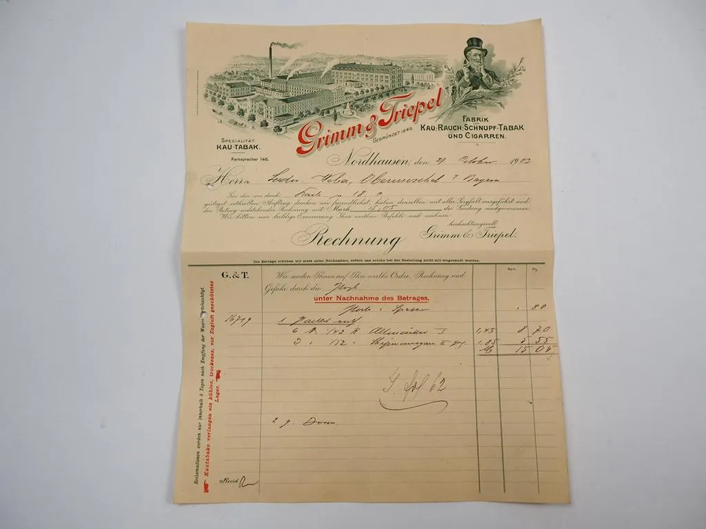 Grimm & Triepel Fabrik Tabak und Zigarren Nordhausen Rechnung 4.Okt. 1903