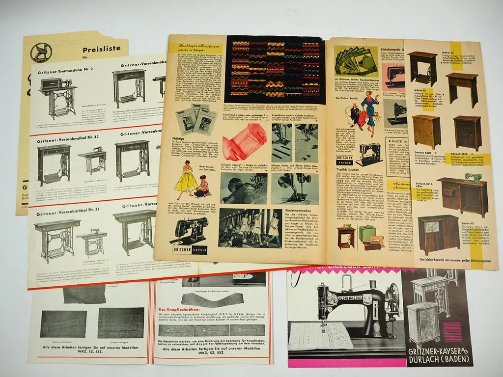 Gritzner Kayser Karlsruhe Nähmaschine 4x Prospekt Preisliste ca. 1930/60er Jahre