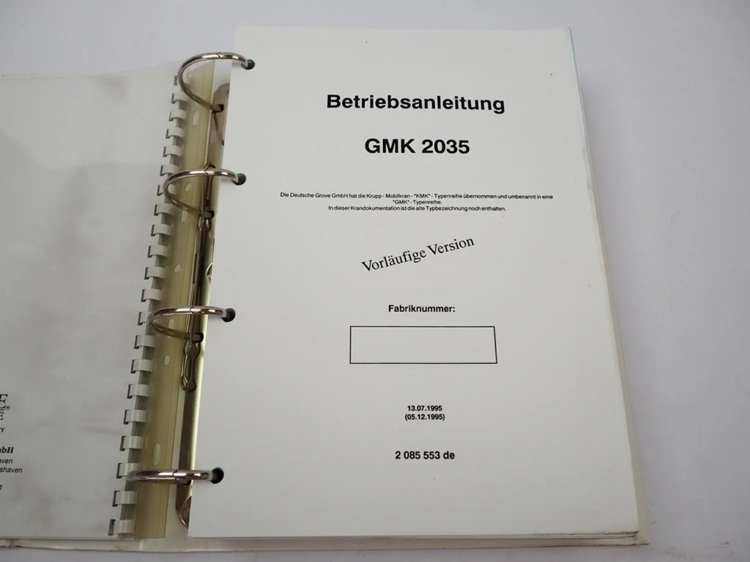 Grove GMK 2035 Mobilkran Betriebsanleitung Bedienung Schaltplan 07/1995