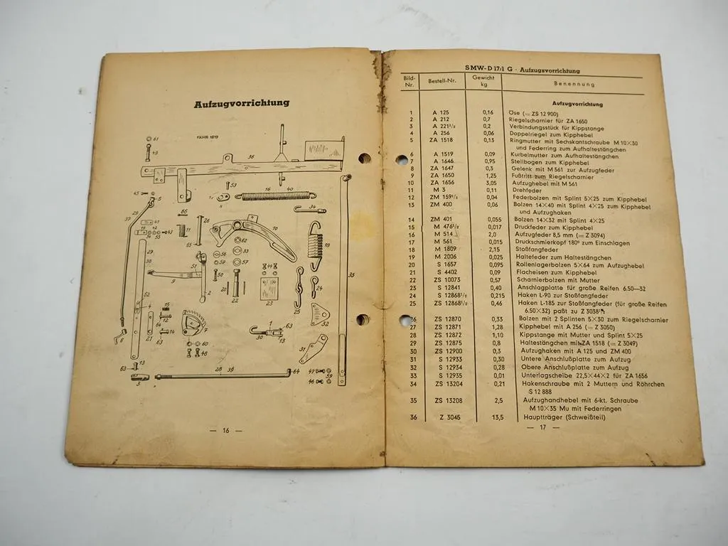 Güldner A15 Schlepper Mähwerk Fahr SMW D17 /1G Anbau Ersatzteilliste 1951