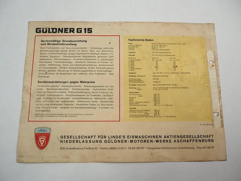 Güldner G15 Dieselschlepper Traktor 15 PS Prospekt 1965
