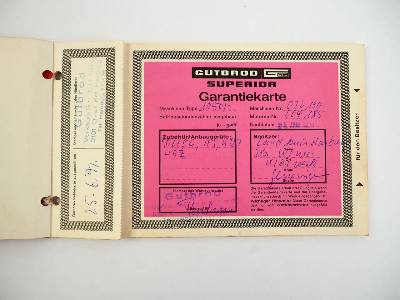 Gutbrod Superior 1050/2 Wartungsdienst Heft Scheckheft 1971