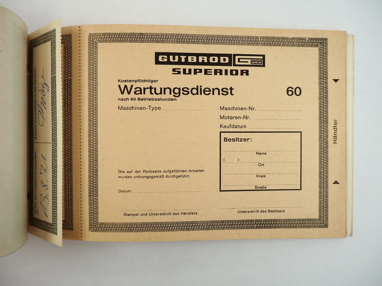 Gutbrod Superior 1050/2 Wartungsdienst Heft Scheckheft 1971