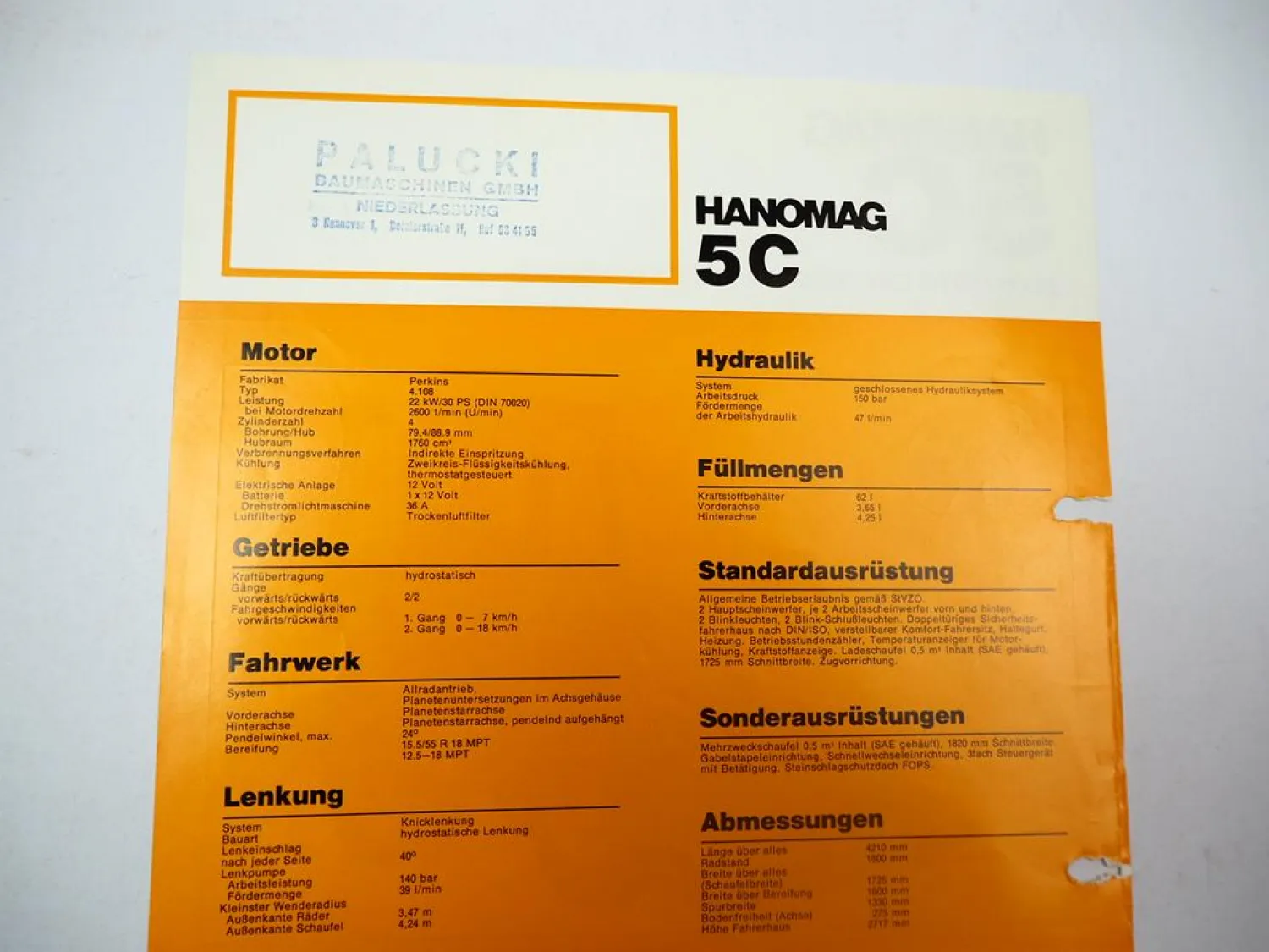 Hanomag 5C Radlader 30 PS Prospekt mit technischen Daten 1980