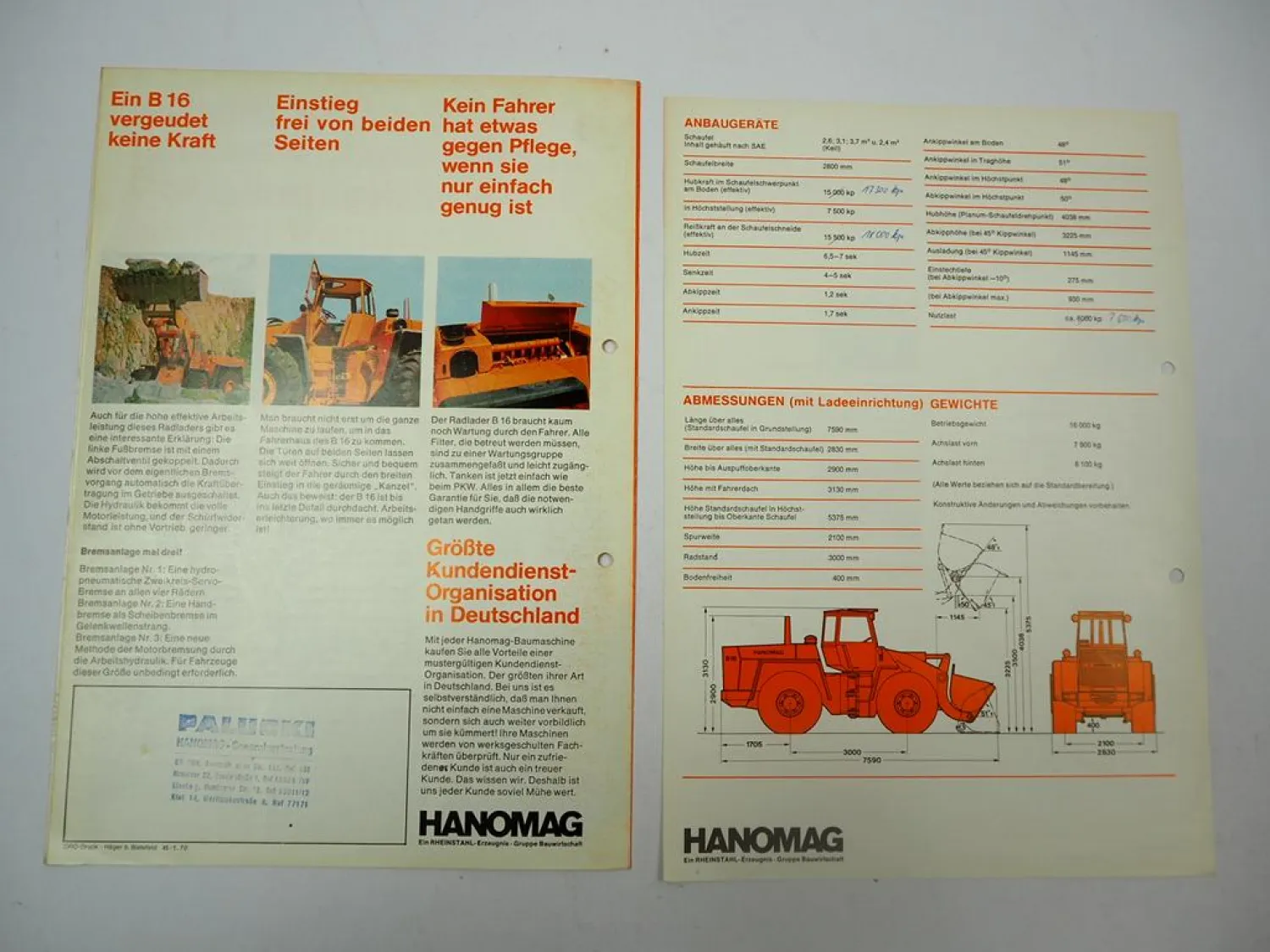 Hanomag B16 Radlader 175 PS 2x Prospekt Technische Daten 1970er Jahre