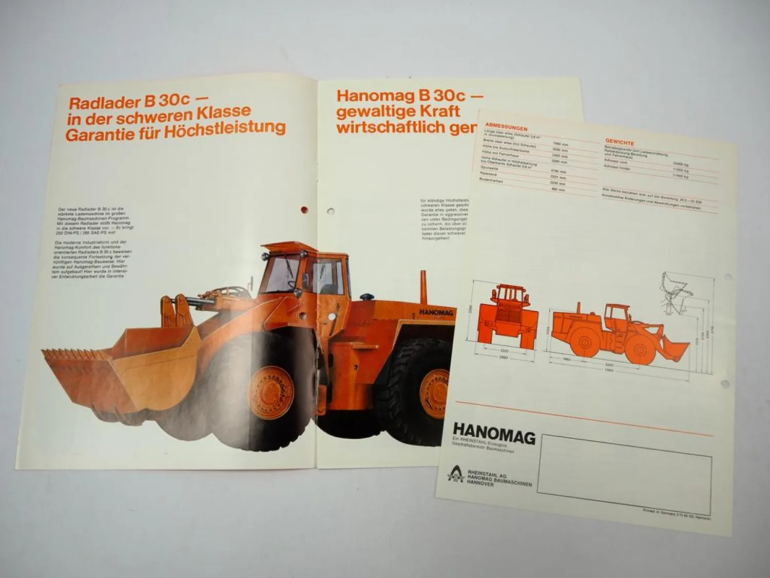 Hanomag B30 c Radlader 250 PS 2x Prospekt Technische Daten 1970er Jahre