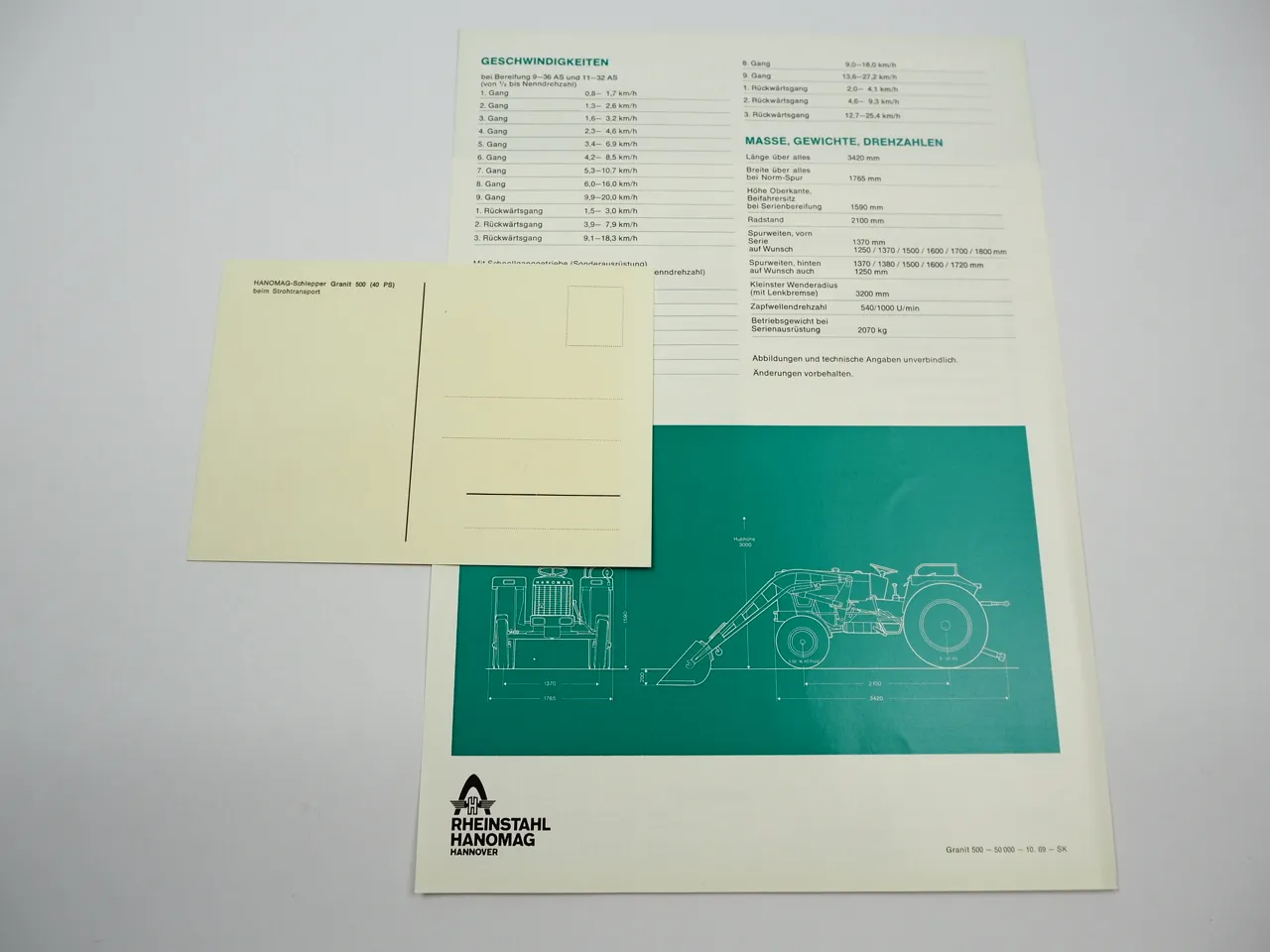 Hanomag Granit 500 40PS Schlepper Prospekt mit technischen Daten Postkarte 1969