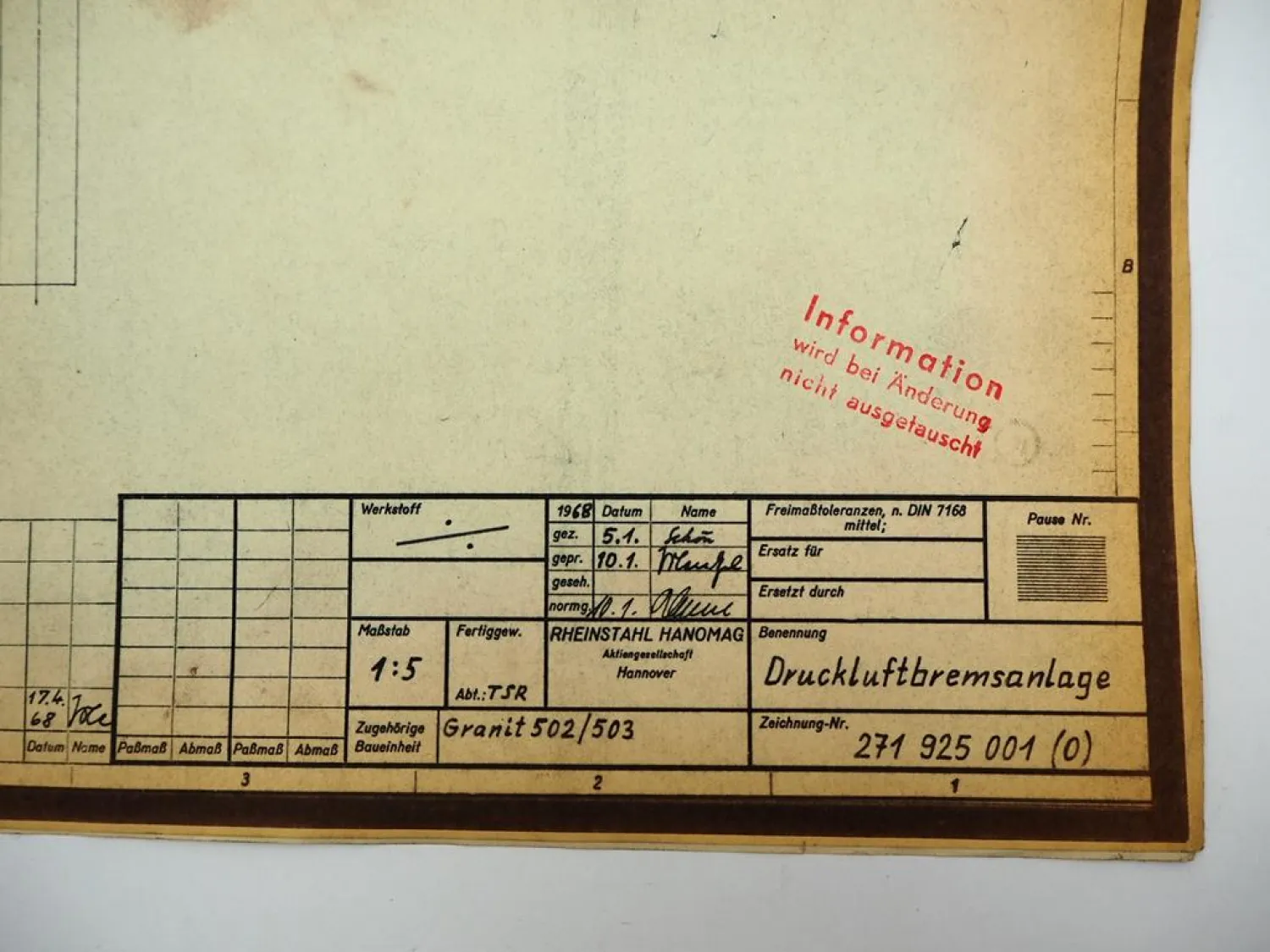 Hanomag Granit 502 503 Druckluftbremsanlage technische Zeichnung 1968