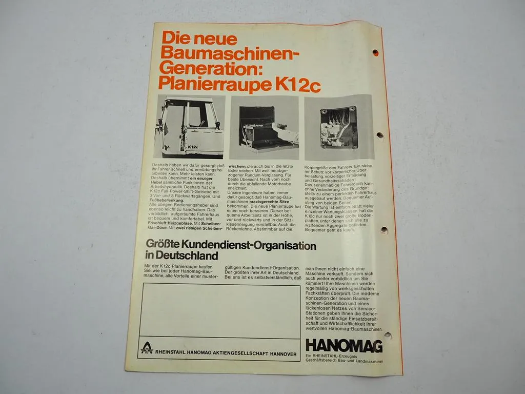 Hanomag K12c Planierraupe 120 PS Prospekt mit technischen Daten 1970er Jahre