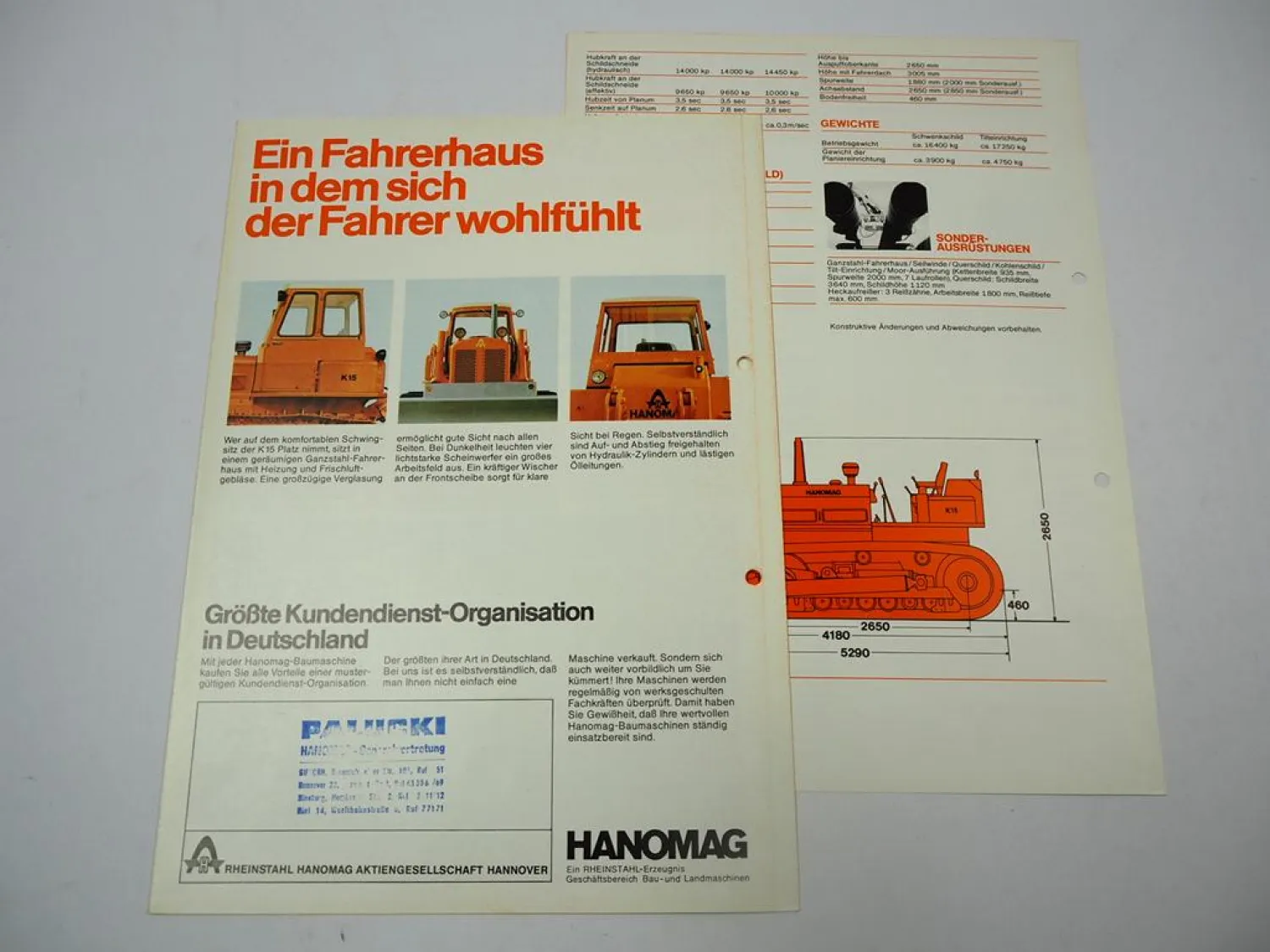 Hanomag K15 Planierraupe 150 PS 2x Prospekt Technische Daten 1970er Jahre