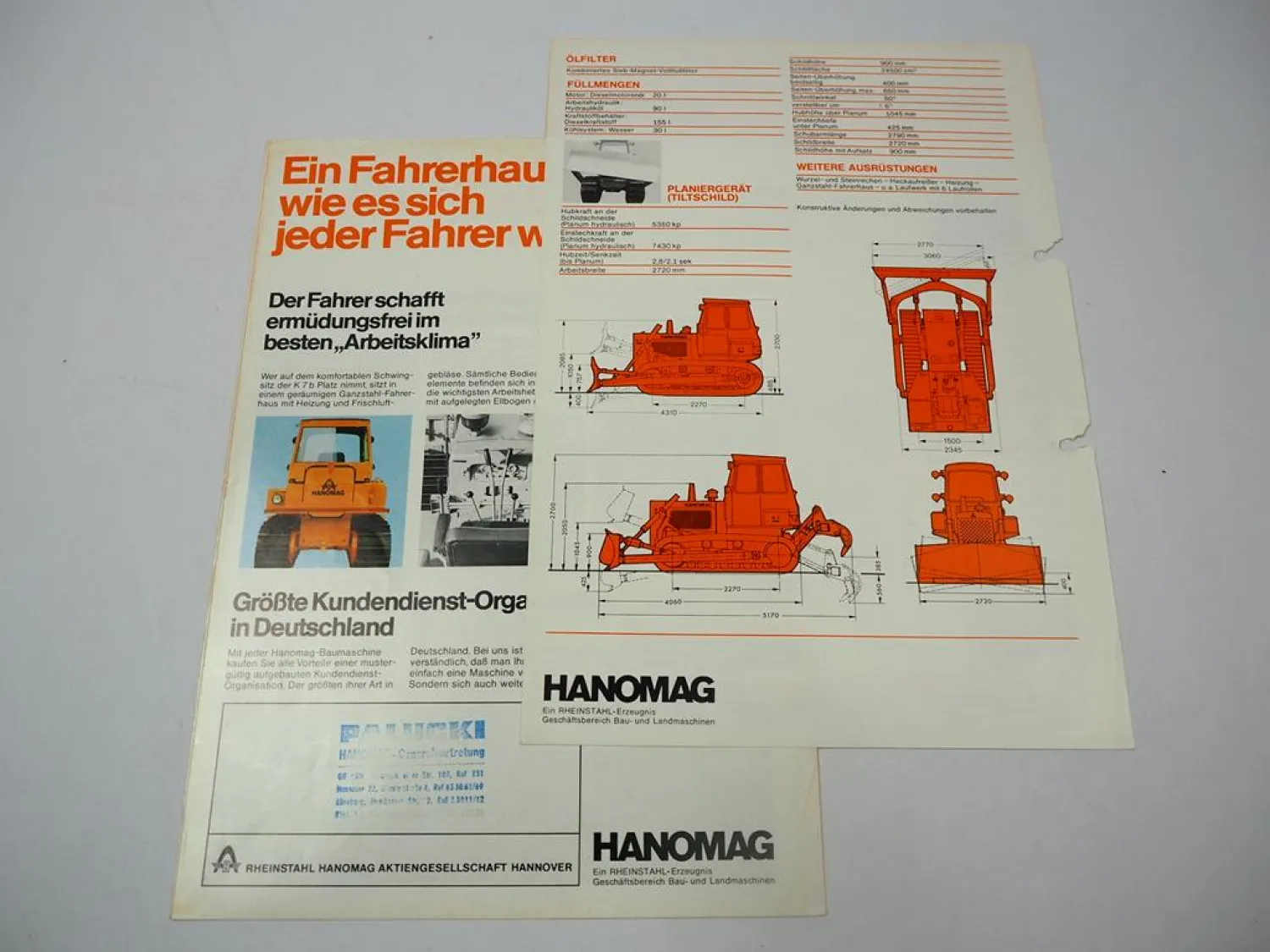 Hanomag K7 b Planierraupe 75 PS 2x Prospekt Technische Daten 1970er Jahre