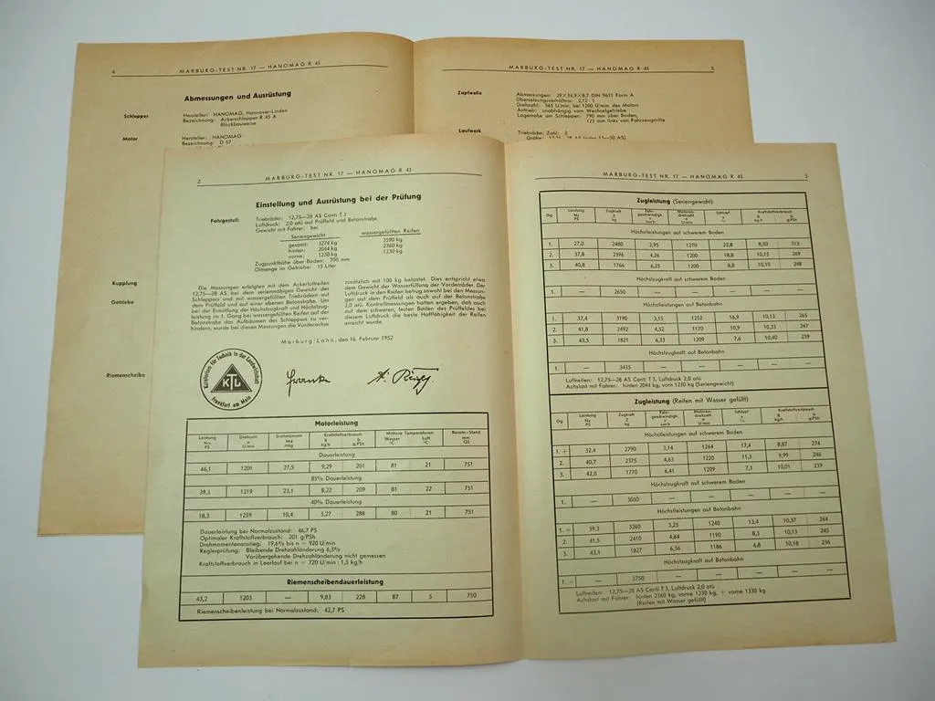 Hanomag R45 Schlepper Prüfbericht Prüffeld Marburg 1950/52