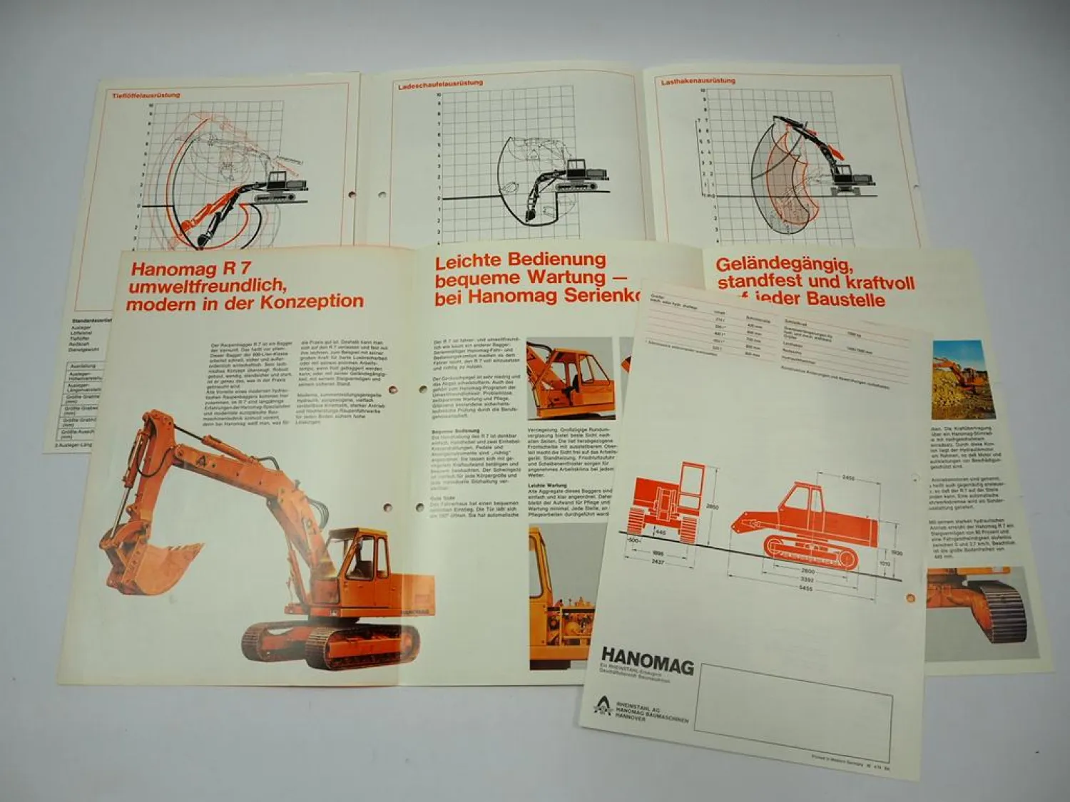 Hanomag R7 Raupenbagger + Ausrüstungen 3x Prospekt ca. 1974