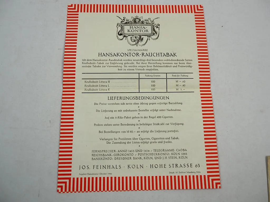 Hansakontor Cigarren & Rauchtabak Jos. Feinhals Köln 1926 Prospekt Bestellschein