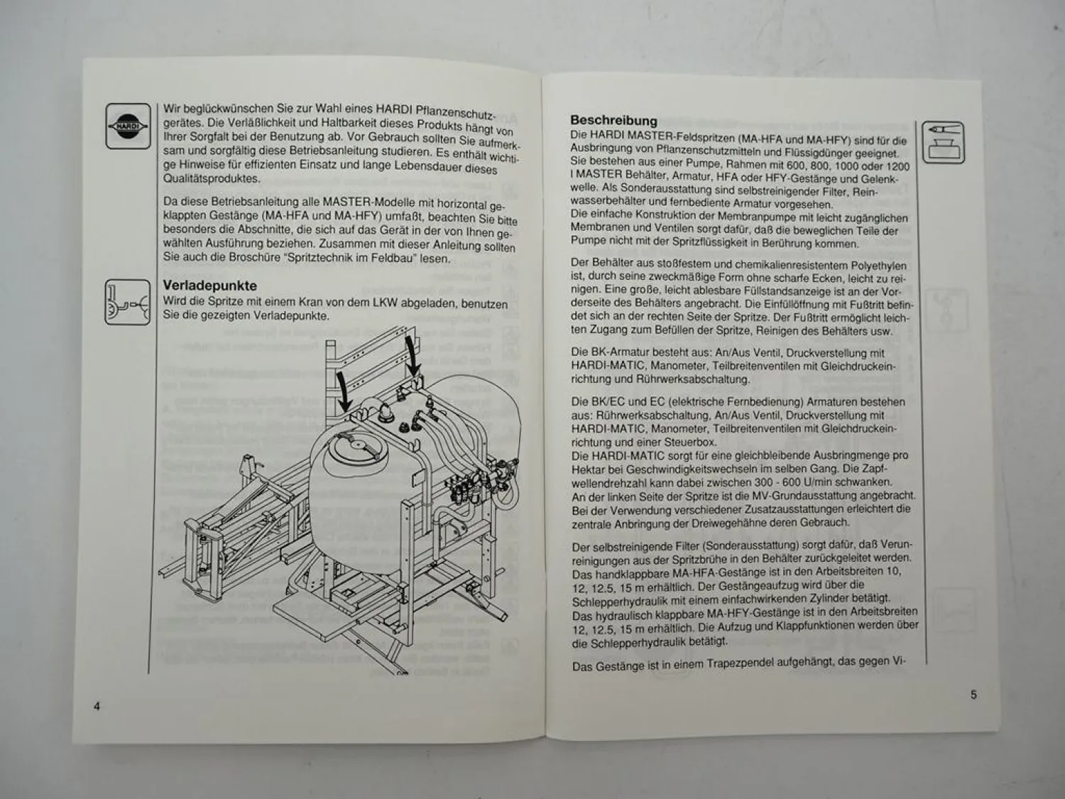 Hardi Master HFA HFY 600 800 1000 1200 Feldspritze Betriebsanleitung 1995