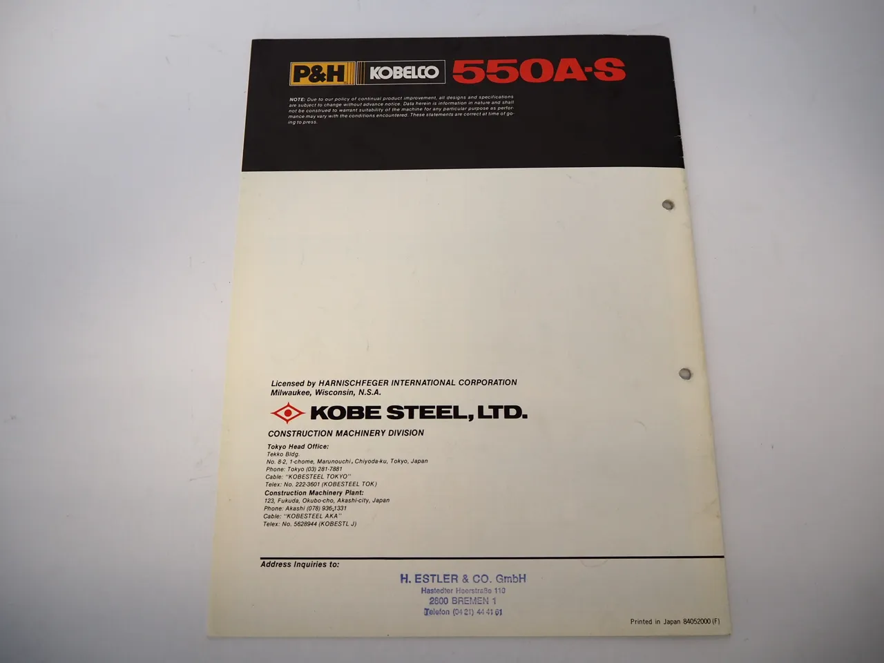 Harnischfeger P&H 550 A S Kobelco Clamshell Tower Pile Driver Crane brochure 2000