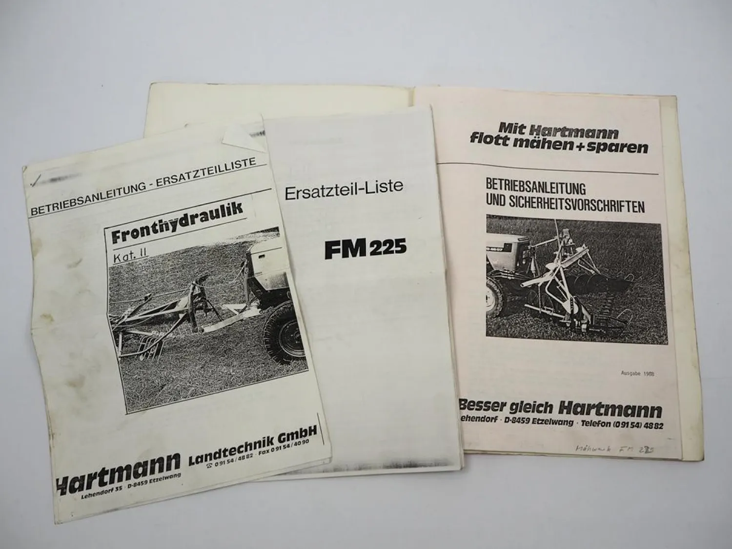 Hartmann FM225 Mähwerk Fronthydraulik Betriebsanleitung Ersatzteilliste 1988