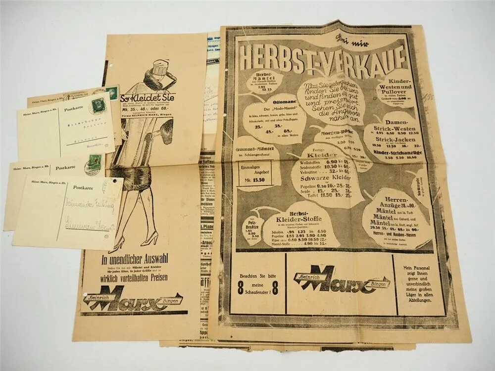 Heinrich Marx Bingen Modewaren Posten Firmenbelege Zeitungswerbung ca. 1928