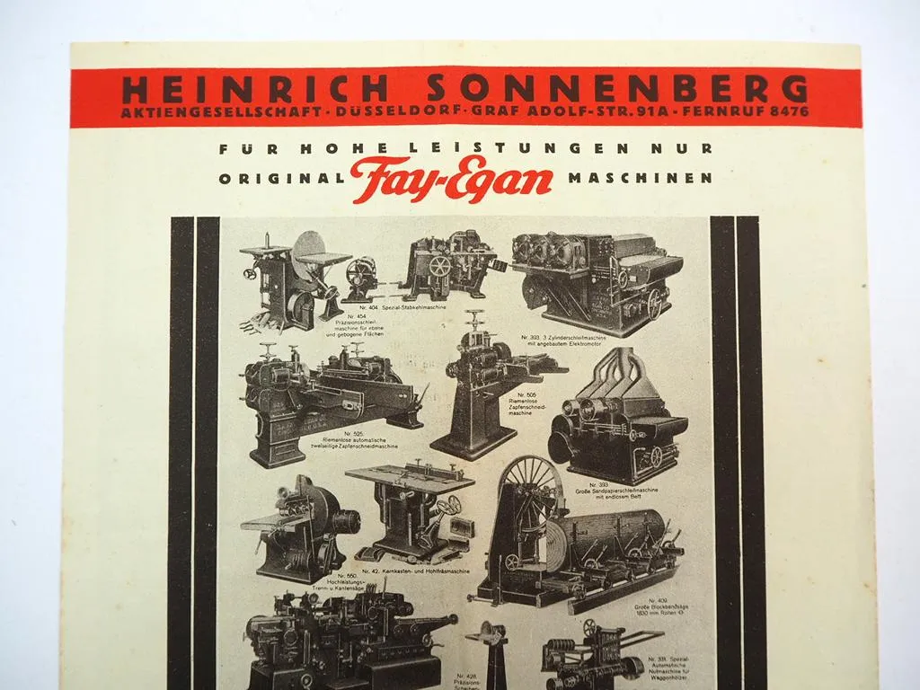 Heinrich Sonnenberg AG Düsseldorf Fay Egan USA Maschinen Prospekt 1930er J.