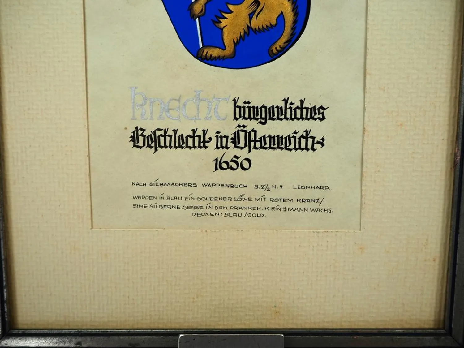 Heraldik handgemaltes Wappen Fam. Knecht Österreich 1650 Siebmachers Wappenbuch