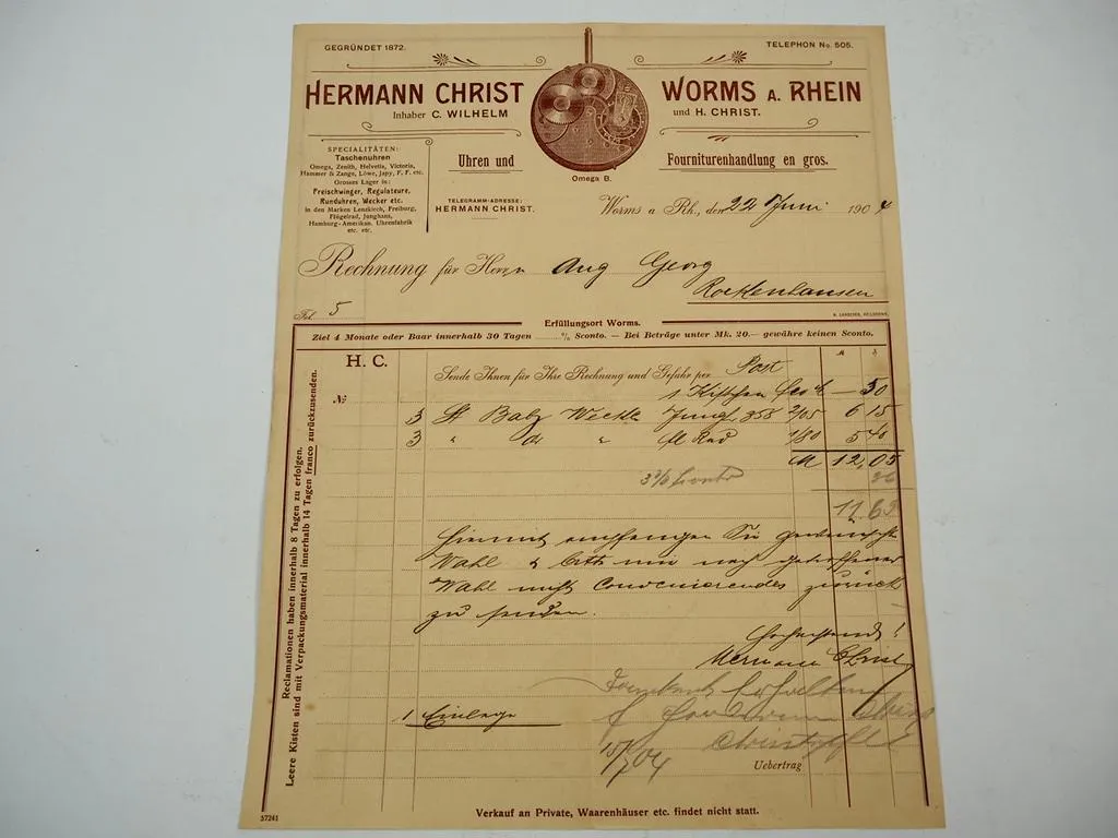 Hermann Christ Worms a. Rhein Uhren & Furnituren Handlung Omega B Rechnung 1904