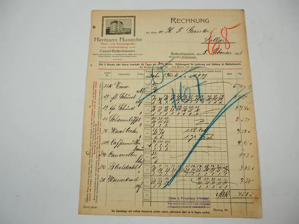 Hermann Hunecke Haus- u. Küchengeräte Kassel Bettenhausen Rechnung 1908