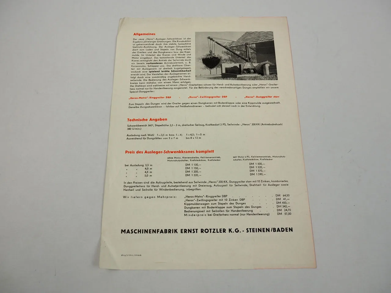 Heros Ausleger Schwenkkran Bagger Greifer Prospekt Ernst Rotzler KG