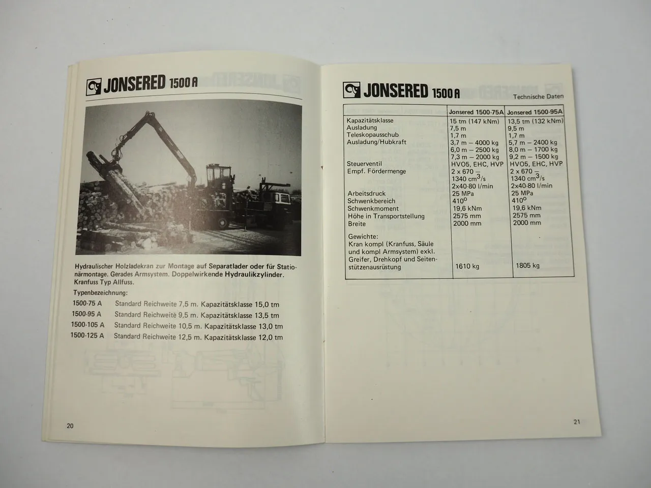 Hiab Foco Jonsered Holzladekrane Produktprogramm technische Daten 1986