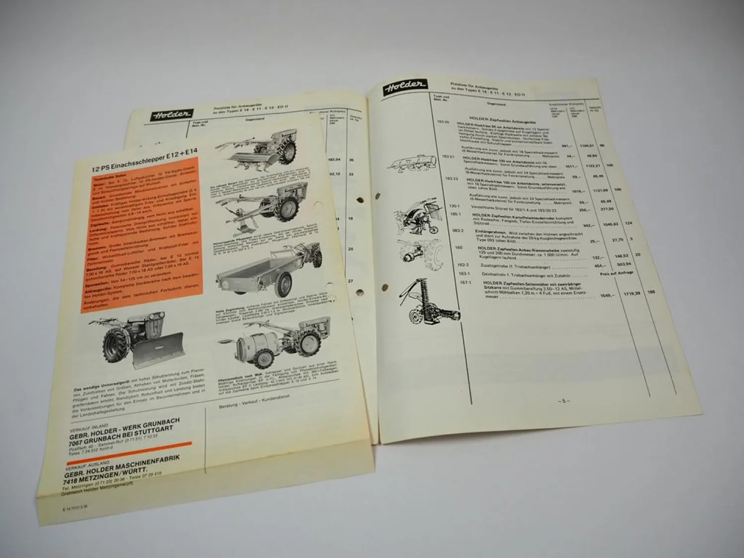 Holder E12 E14 Einachsschlepper Prospekt Technische Daten Preisliste 1971/72