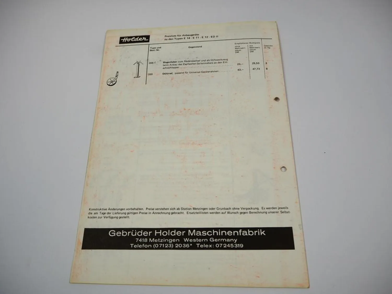 Holder E12 E14 Einachsschlepper Prospekt Technische Daten Preisliste 1971/72
