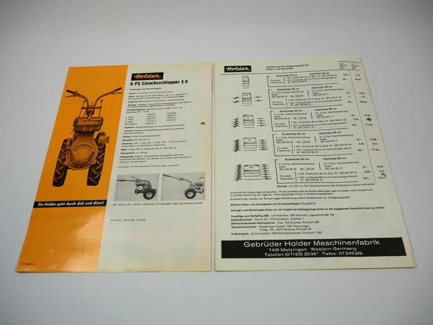 Holder E6 Einachsschlepper Prospekt Technische Daten Preisliste 1970/72