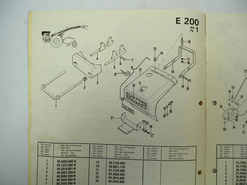 Holder E200 Einachsschlepper mit Anbaugeräten Ersatzteilliste Parts List 1982