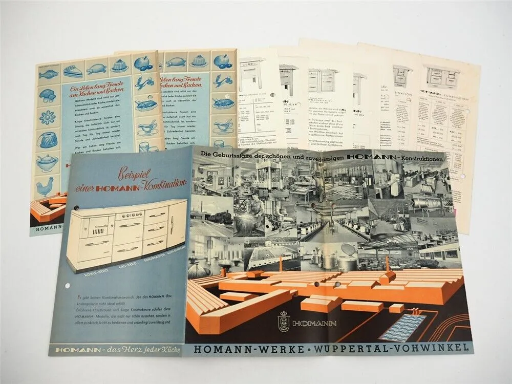 Homann Werke Wuppertal Küchenherd Gas Kohle Elekto 11x Prospekt ca. 1953