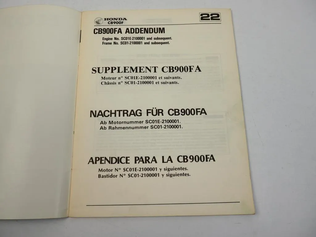 Honda CB900FA Werkstatthandbuch Reparaturanleitung Ergänzung 1980
