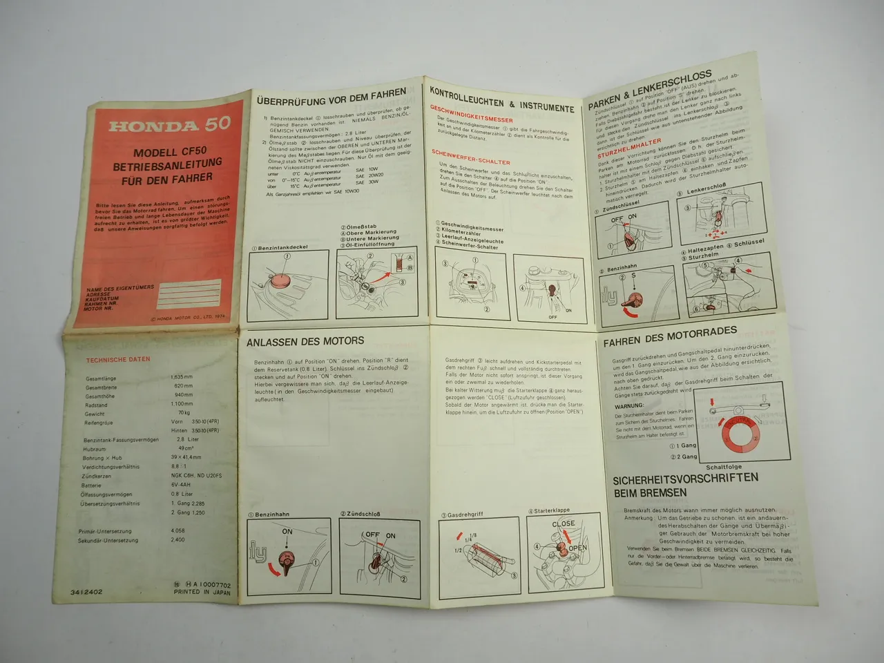 Honda CF50 Motorrad Betriebsanleitung Bedienungsanleitung 1974