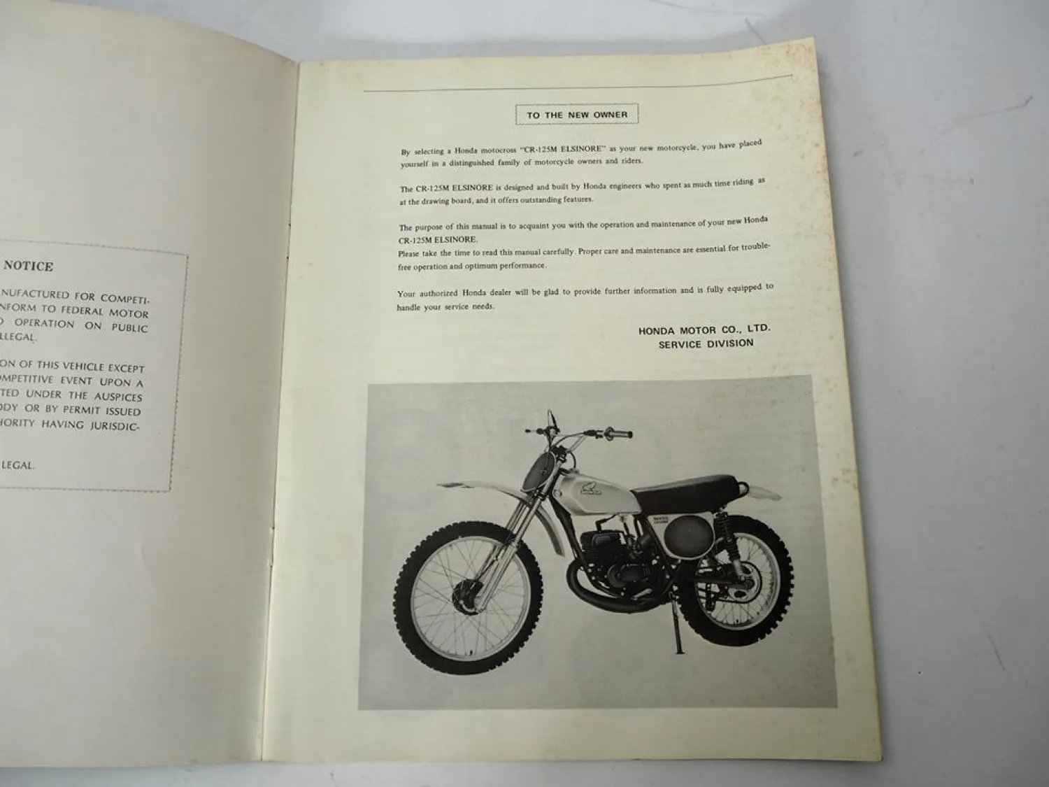 Honda CR125M Elsinore K2 Motocross Owners Manual Parts Catalog 1973