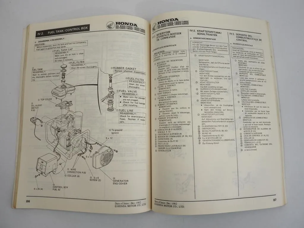 Honda EG 850 1000 1200 1400 1500 1800 1900 2200 Z Generator Werkstatthandbuch